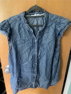 Jane and Delancey Ruffled Button-Front Denim Blouse - Blue